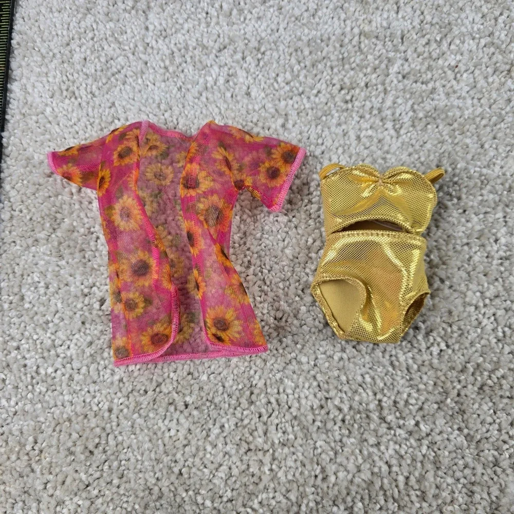 Barbie Doll Outfit Gold Metallic Swimsuit Pink Sunflower Mesh Coverup Beach Set